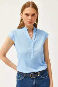 Olalook Women's Baby Blue V-Neck 4 Button Viscose Blouse - Image 4