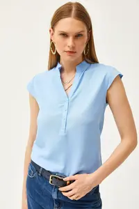 Olalook Women's Baby Blue V-Neck 4 Button Viscose Blouse - Image 5