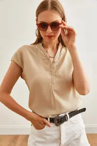 Olalook Women's Beige V-Neck 4 Button Viscose Blouse