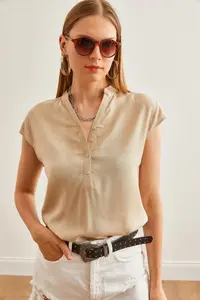 Olalook Women's Beige V-Neck 4 Button Viscose Blouse - Image 3