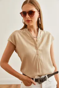 Olalook Women's Beige V-Neck 4 Button Viscose Blouse - Image 4