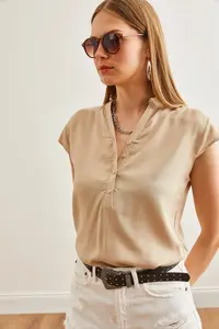 Olalook Women's Beige V-Neck 4 Button Viscose Blouse - Image 5