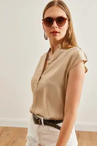 Olalook Women's Beige V-Neck 4 Button Viscose Blouse - Image 6