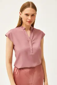 Olalook Women's Dusty Rose V-Neck 4 Button Viscose Blouse