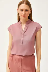 Olalook Women's Dusty Rose V-Neck 4 Button Viscose Blouse - Image 3
