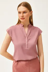 Olalook Women's Dusty Rose V-Neck 4 Button Viscose Blouse - Image 4
