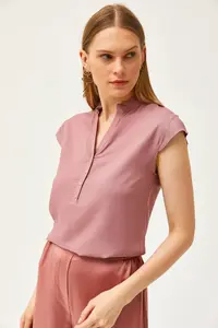 Olalook Women's Dusty Rose V-Neck 4 Button Viscose Blouse - Image 6