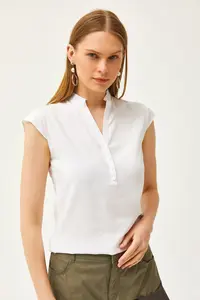 Olalook Women's Ecru V-Neck 4 Button Viscose Blouse - Image 4