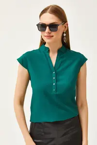 Olalook Women's Emerald Green V-Neck 4 Button Viscose Blouse - Image 3
