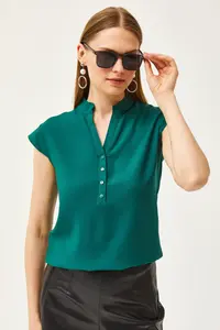 Olalook Women's Emerald Green V-Neck 4 Button Viscose Blouse - Image 4