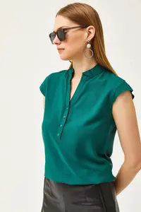 Olalook Women's Emerald Green V-Neck 4 Button Viscose Blouse - Image 5