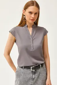 Olalook Women's Gray V-Neck 4 Button Viscose Blouse