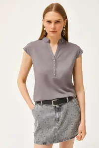 Olalook Women's Gray V-Neck 4 Button Viscose Blouse - Image 3