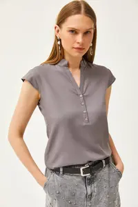Olalook Women's Gray V-Neck 4 Button Viscose Blouse - Image 4
