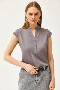 Olalook Women's Gray V-Neck 4 Button Viscose Blouse - Image 5