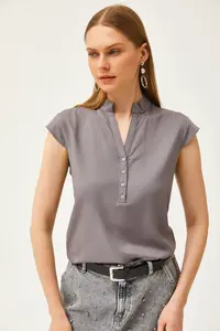 Olalook Women's Gray V-Neck 4 Button Viscose Blouse - Image 6