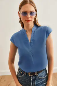 Olalook Women's Indigo V-Neck 4 Button Viscose Blouse