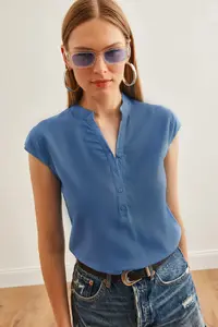 Olalook Women's Indigo V-Neck 4 Button Viscose Blouse - Image 2