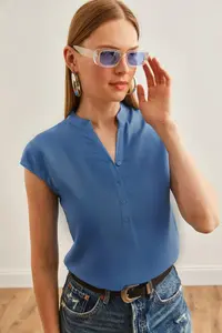 Olalook Women's Indigo V-Neck 4 Button Viscose Blouse - Image 3