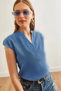 Olalook Women's Indigo V-Neck 4 Button Viscose Blouse - Image 4