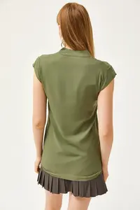 Olalook Women's Khaki V-Neck 4 Button Viscose Blouse - Image 2