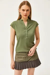 Olalook Women's Khaki V-Neck 4 Button Viscose Blouse - Image 3