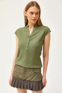 Olalook Women's Khaki V-Neck 4 Button Viscose Blouse - Image 4