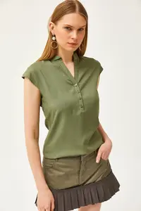 Olalook Women's Khaki V-Neck 4 Button Viscose Blouse - Image 5
