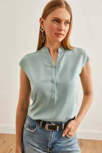 Olalook Women's Mint Green V-Neck 4 Button Viscose Blouse