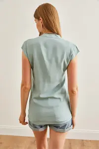 Olalook Women's Mint Green V-Neck 4 Button Viscose Blouse - Image 2