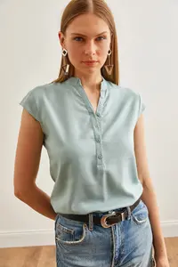 Olalook Women's Mint Green V-Neck 4 Button Viscose Blouse - Image 4