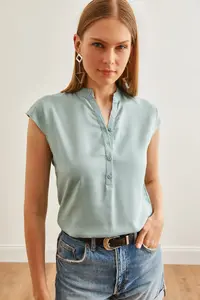 Olalook Women's Mint Green V-Neck 4 Button Viscose Blouse - Image 5