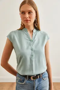 Olalook Women's Mint Green V-Neck 4 Button Viscose Blouse - Image 6