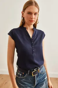Olalook Women's Navy Blue V-Neck 4 Button Viscose Blouse