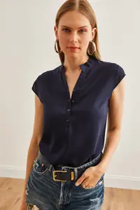 Olalook Women's Navy Blue V-Neck 4 Button Viscose Blouse - Image 3