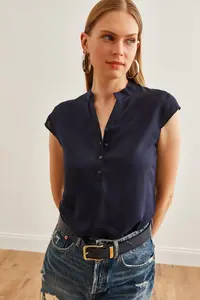 Olalook Women's Navy Blue V-Neck 4 Button Viscose Blouse - Image 4