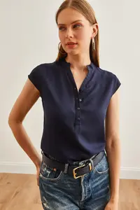 Olalook Women's Navy Blue V-Neck 4 Button Viscose Blouse - Image 5