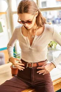 Olalook Women Striped Beige Plaid Camisole Blouse - Image 2