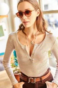 Olalook Women Striped Beige Plaid Camisole Blouse - Image 4