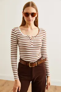 Olalook Women's Thick Ribbed Bitter Brown Patchwork Camisole Blouse - Image 3