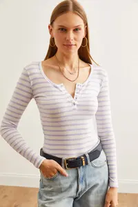 Olalook Women's Thick Ribbed Lilac Patchwork Camisole Blouse - Image 3