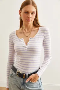 Olalook Women's Thick Ribbed Lilac Patchwork Camisole Blouse - Image 4