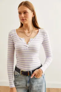 Olalook Women's Thick Ribbed Lilac Patchwork Camisole Blouse - Image 5