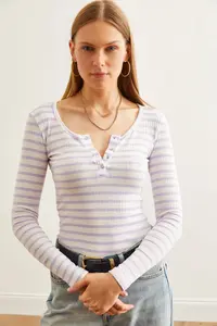 Olalook Women's Thick Ribbed Lilac Patchwork Camisole Blouse - Image 6