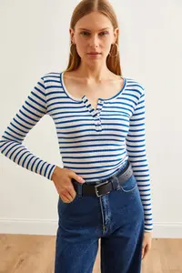 Olalook Women's Thick Ribbed Saks Blue Plaid Camisole Blouse - Image 2