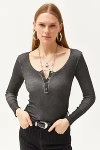 Olalook Women's Washed Anthracite Patchwork Camisole Blouse - Image 3