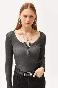 Olalook Women's Washed Anthracite Patchwork Camisole Blouse - Image 4