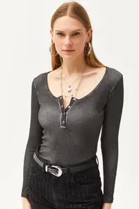 Olalook Women's Washed Anthracite Patchwork Camisole Blouse - Image 5