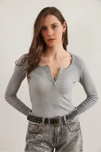 Olalook Women's Washed Gray Placket Camisole Blouse - Image 3
