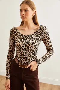 Olalook Women's Leopard Beige Wide Collar Camisole Blouse - Image 5